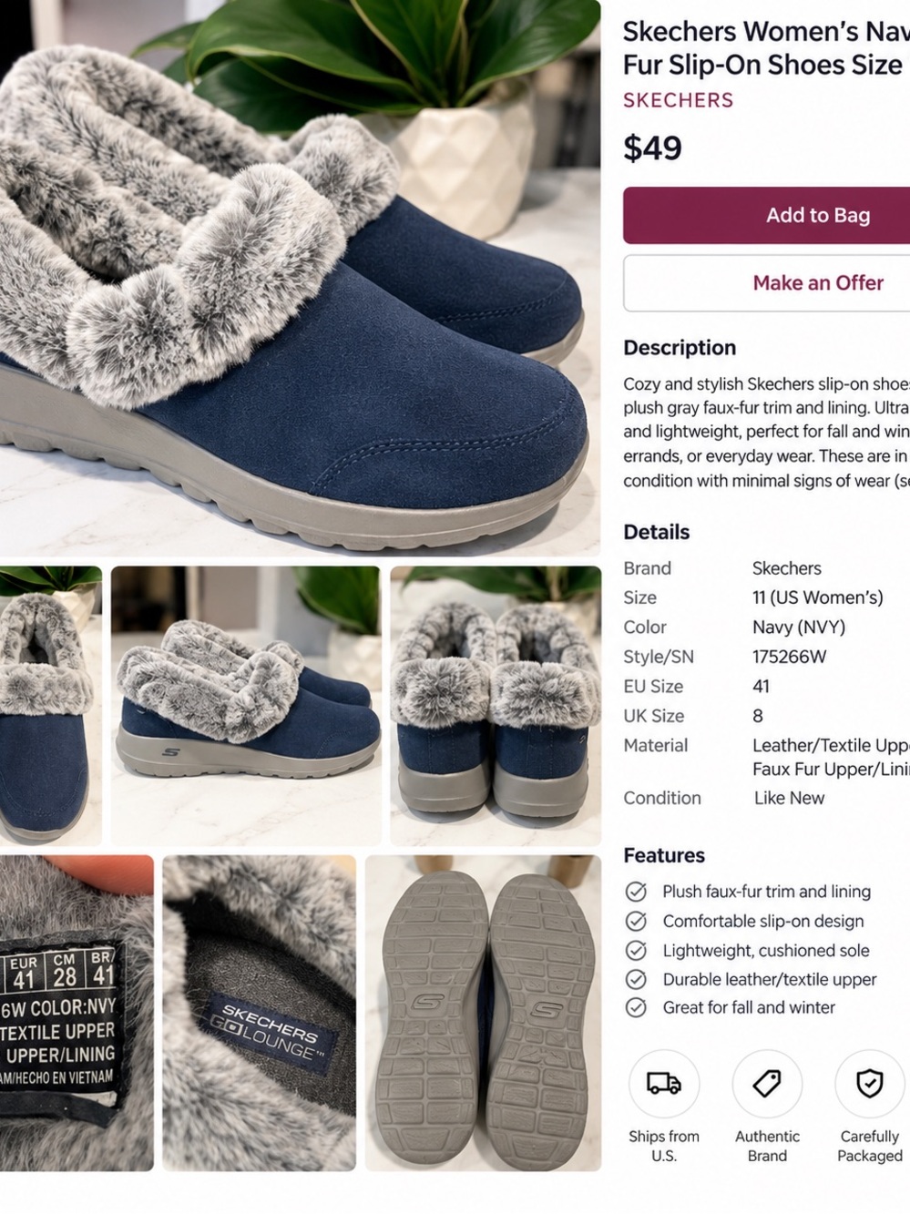 Skechers Navy Slip-On Slippers with Gray Faux-Fur Collar